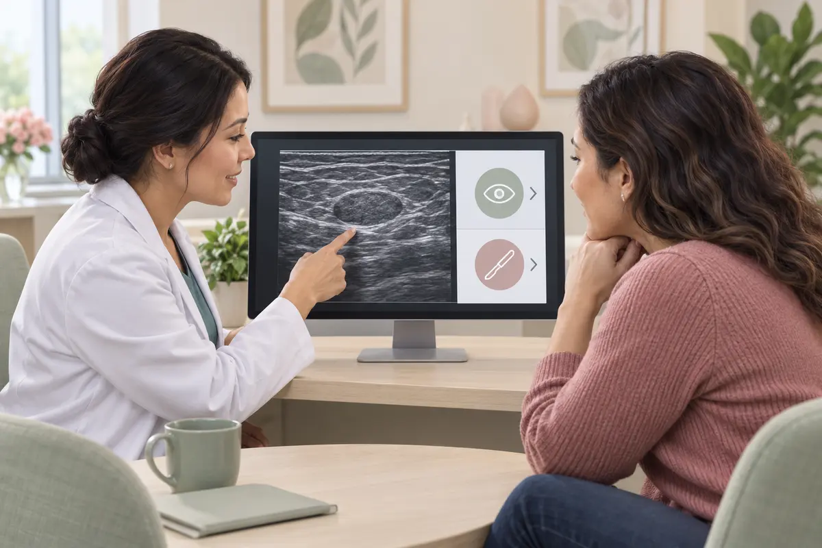 A breast clinician and a fully clothed patient review an illustrative ultrasound showing an oval, well-circumscribed breast mass and the options of monitoring or removal.