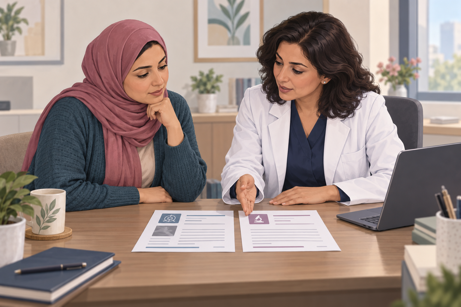 Original educational illustration of a fully clothed patient and clinician comparing two generic imaging and pathology reports at a results appointment.